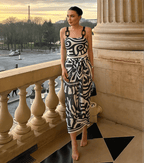 Women's Tribal Print One-Piece Swimsuit & Long Skirt Set Adjustable Straps Beach Vacation Pool Party Summer Resort – Black & White - Lolly 