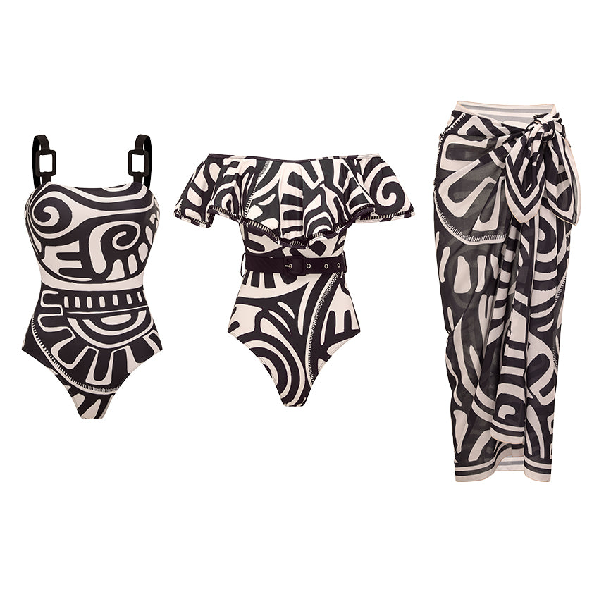 Women's Tribal Print One-Piece Swimsuit & Long Skirt Set Adjustable Straps Beach Vacation Pool Party Summer Resort – Black & White - Lolly 