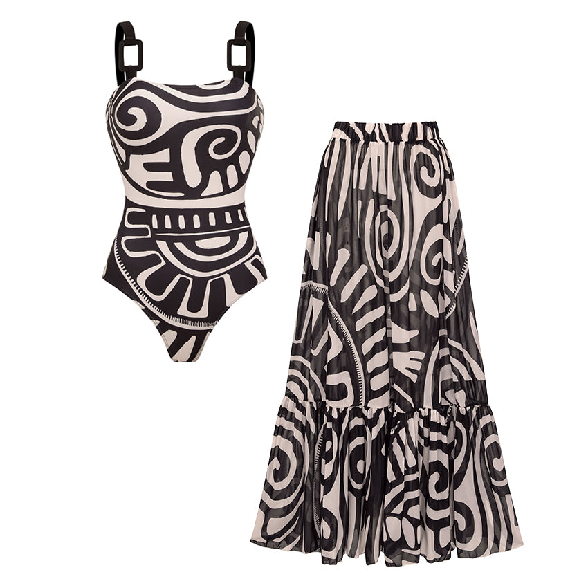 Women's Tribal Print One-Piece Swimsuit & Long Skirt Set Adjustable Straps Beach Vacation Pool Party Summer Resort – Black & White - Lolly 