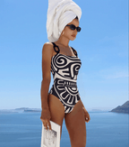 Women's Tribal Print One-Piece Swimsuit & Long Skirt Set Adjustable Straps Beach Vacation Pool Party Summer Resort – Black & White - Lolly 