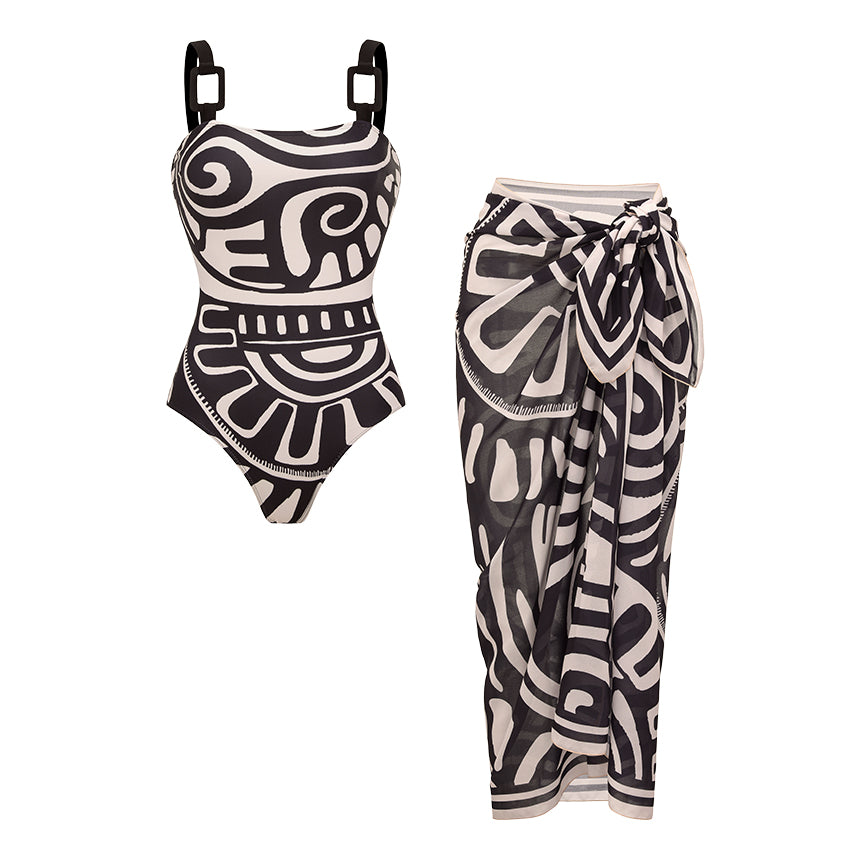 Women's Tribal Print One-Piece Swimsuit & Long Skirt Set Adjustable Straps Beach Vacation Pool Party Summer Resort – Black & White - Lolly 