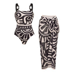 Women's Tribal Print One-Piece Swimsuit & Long Skirt Set Adjustable Straps Beach Vacation Pool Party Summer Resort – Black & White - Lolly 