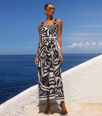 Women's Tribal Print One-Piece Swimsuit & Long Skirt Set Adjustable Straps Beach Vacation Pool Party Summer Resort – Black & White - Lolly 