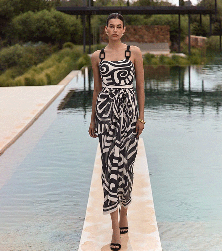 Women's Tribal Print One-Piece Swimsuit & Long Skirt Set Adjustable Straps Beach Vacation Pool Party Summer Resort – Black & White - Lolly 