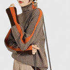 Women's Turtleneck Sweater Herringbone Contrast Stripe Pullover Casual Winter - Lolly 