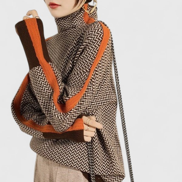 Women's Turtleneck Sweater Herringbone Contrast Stripe Pullover Casual Winter - Lolly 
