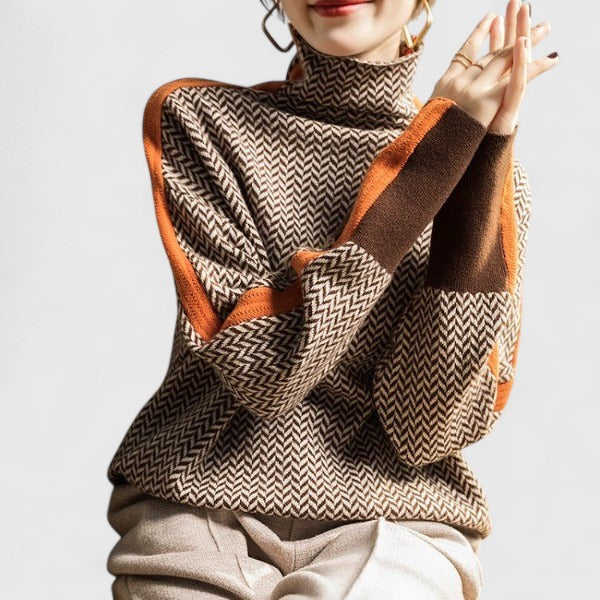 Women's Turtleneck Sweater Herringbone Contrast Stripe Pullover Casual Winter - Lolly 