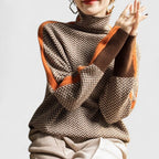 Women's Turtleneck Sweater Herringbone Contrast Stripe Pullover Casual Winter - Lolly 