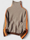 Women's Turtleneck Sweater Herringbone Contrast Stripe Pullover Casual Winter - Lolly 