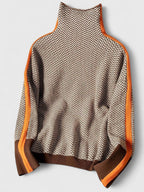 Women's Turtleneck Sweater Herringbone Contrast Stripe Pullover Casual Winter - Lolly 