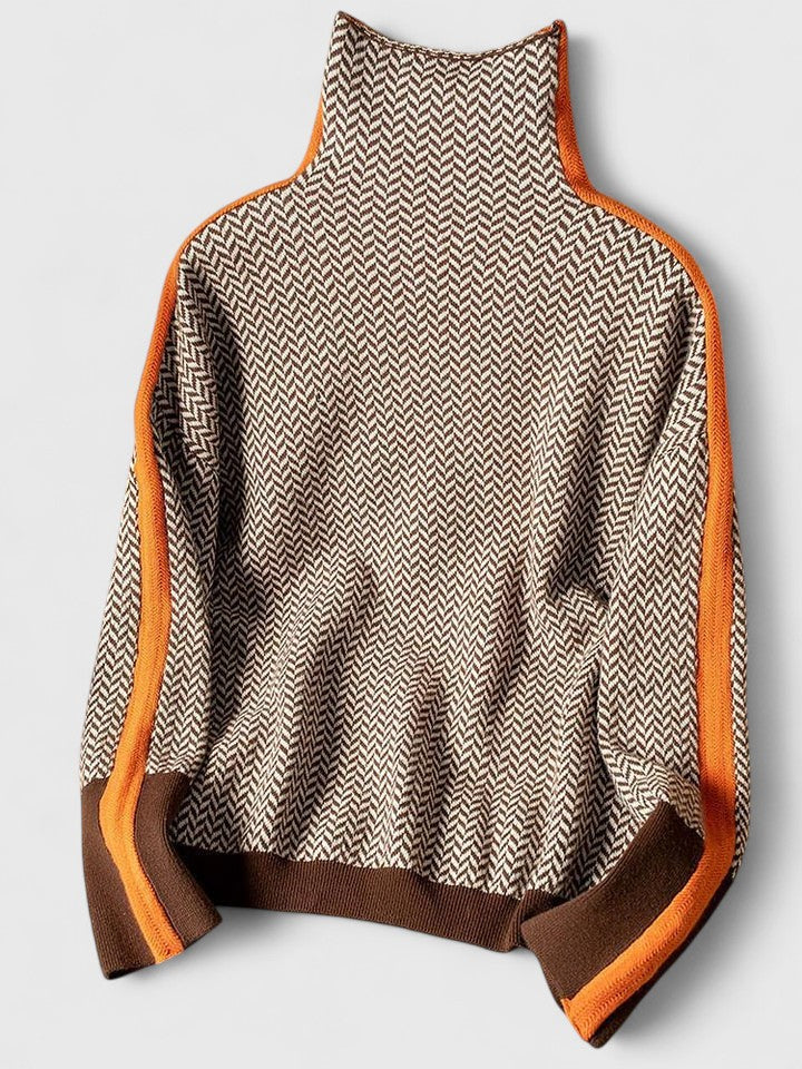 Women's Turtleneck Sweater Herringbone Contrast Stripe Pullover Casual Winter - Lolly 