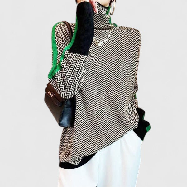 Women's Turtleneck Sweater Herringbone Contrast Stripe Pullover Casual Winter - Lolly 