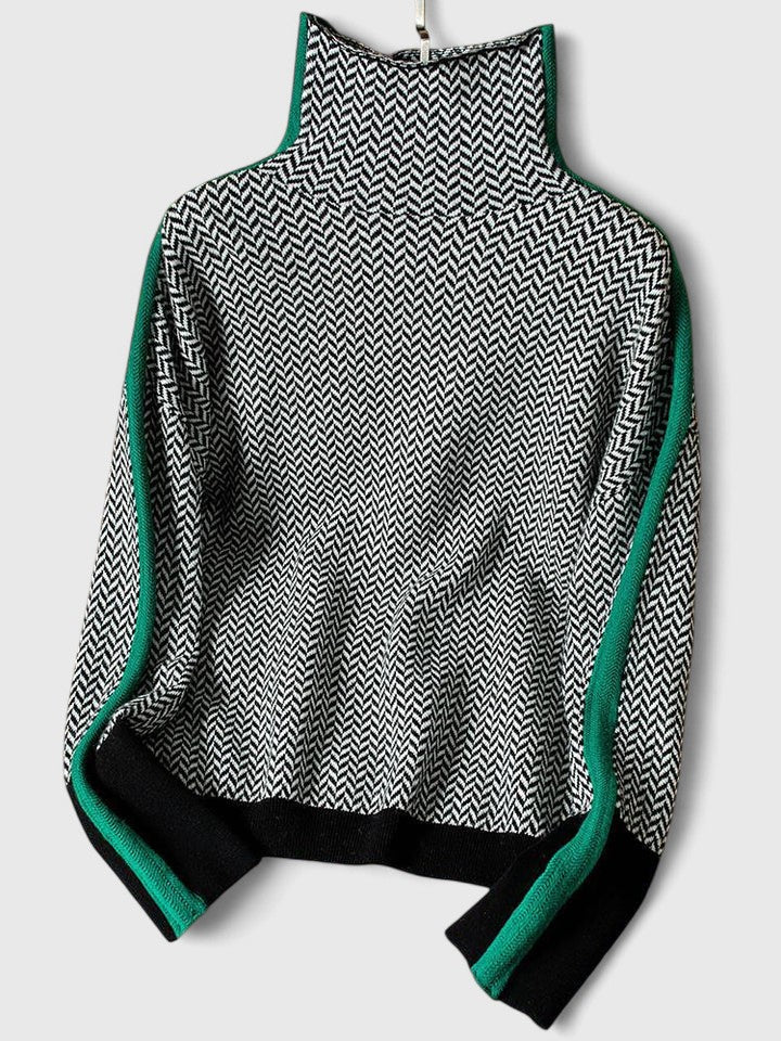 Women's Turtleneck Sweater Herringbone Contrast Stripe Pullover Casual Winter - Lolly 