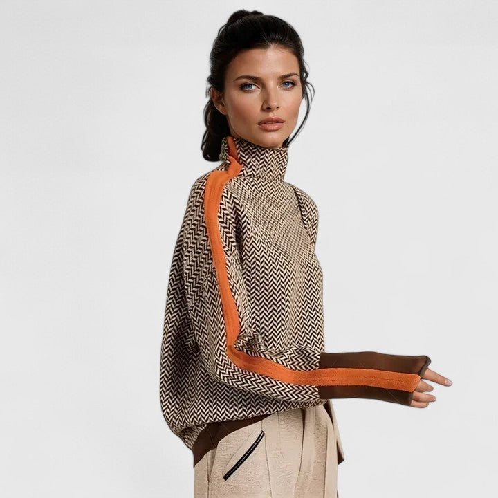 Women's Turtleneck Sweater Herringbone Contrast Stripe Pullover Casual Winter - Lolly 