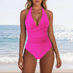 Women's Twist Front Halter One-Piece Swimsuit Deep V-Neck Ruched High Cut Sculpting Beach Summer Swimwear - Lolly 