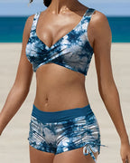 Women's Two-Piece Bikini Set Wrap Twist Top Ruched Shorts Sporty Beach Vacation Pool Summer Active – Camo Black Burgundy Orange - Lolly 