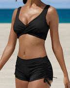 Women's Two-Piece Bikini Set Wrap Twist Top Ruched Shorts Sporty Beach Vacation Pool Summer Active – Camo Black Burgundy Orange - Lolly 