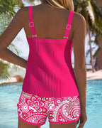 Women's Two-Piece Printed Sleeveless Backless Tankini Set Round Neck Pleated Swim Beach Pool Vacation Resort Summer – Fuchsia - Lolly 