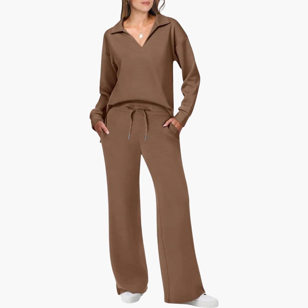 Women's Two-Piece Set V-Neck Long Sleeve Top Loose Wide-Leg Pants Pockets Casual Everyday Comfort - Lolly 