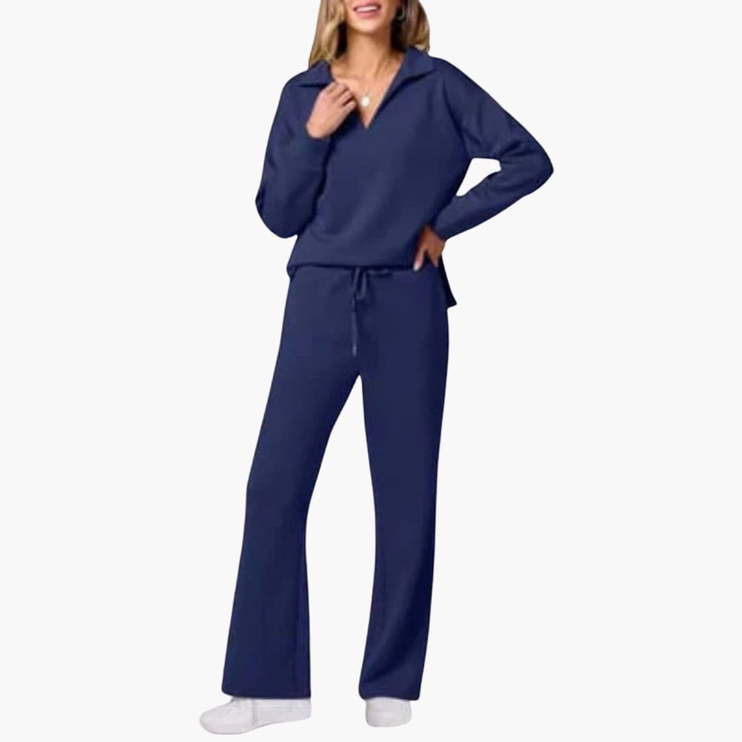 Women's Two-Piece Set V-Neck Long Sleeve Top Loose Wide-Leg Pants Pockets Casual Everyday Comfort - Lolly 