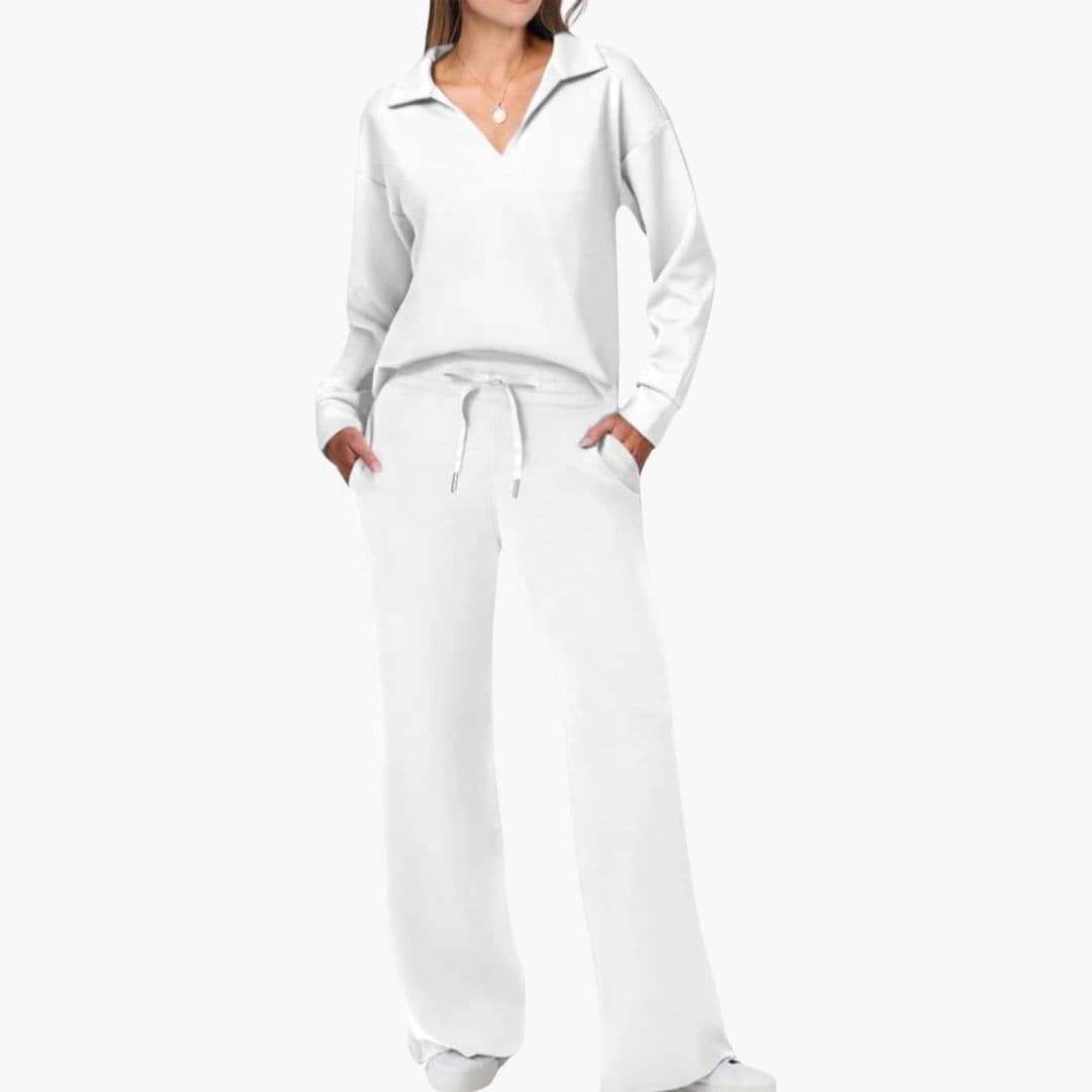 Women's Two-Piece Set V-Neck Long Sleeve Top Loose Wide-Leg Pants Pockets Casual Everyday Comfort - Lolly 