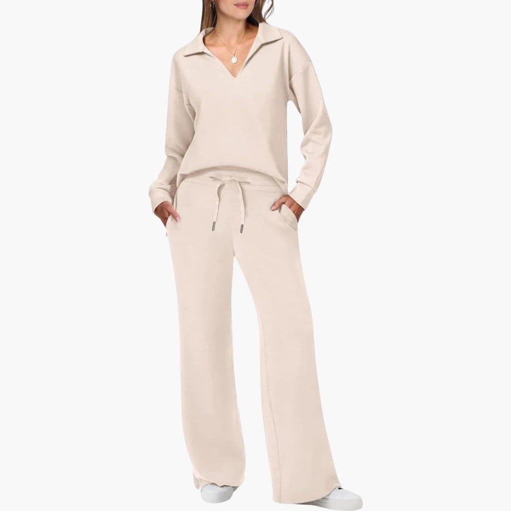 Women's Two-Piece Set V-Neck Long Sleeve Top Loose Wide-Leg Pants Pockets Casual Everyday Comfort - Lolly 