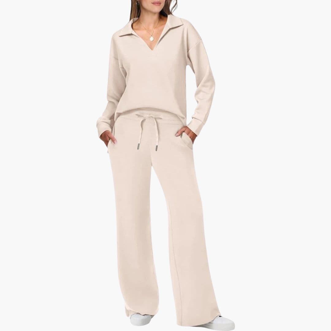Women's Two-Piece Set V-Neck Long Sleeve Top Loose Wide-Leg Pants Pockets Casual Everyday Comfort - Lolly 