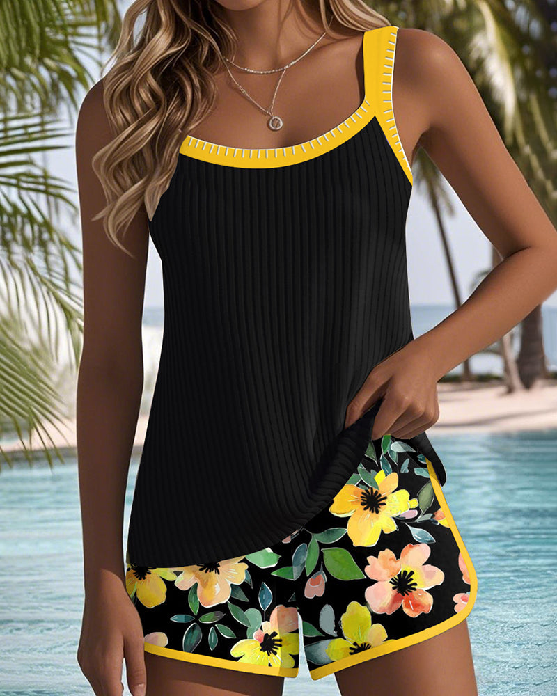 Women's Two-Piece Tankini Set Floral Print Shorts Backless Beach Swim Vacation Pool Summer Resort Swimwear – Soleil - Lolly 