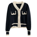 Women's Two-Tone Knit Cardigan Button-Down V-Neck Long Sleeve Casual Fall Winter - Lolly 