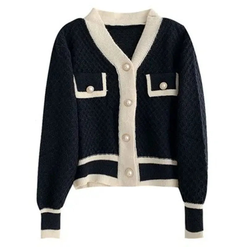 Women's Two-Tone Knit Cardigan Button-Down V-Neck Long Sleeve Casual Fall Winter - Lolly 
