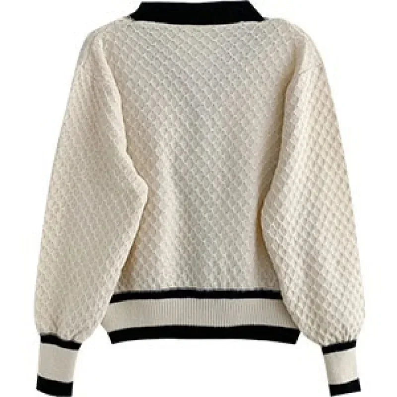 Women's Two-Tone Knit Cardigan Button-Down V-Neck Long Sleeve Casual Fall Winter - Lolly 