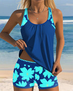 Women's U-Neck Sleeveless Loose Tankini Set Floral Boxer Shorts Beach Pool Vacation Resort Summer Active – Paradiso - Lolly 