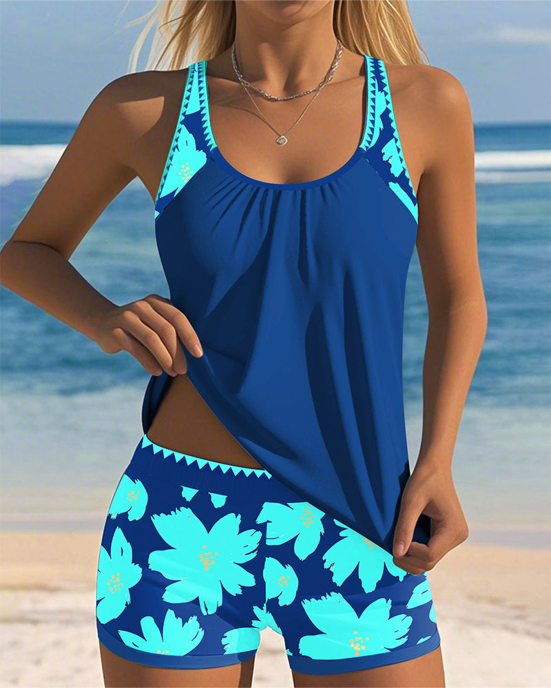 Women's U-Neck Sleeveless Loose Tankini Set Floral Boxer Shorts Beach Pool Vacation Resort Summer Active – Paradiso - Lolly 