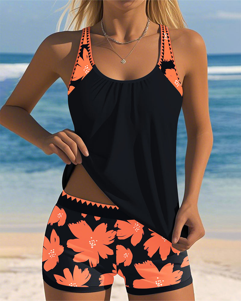 Women's U-Neck Sleeveless Loose Tankini Set Floral Boxer Shorts Beach Pool Vacation Resort Summer Active – Paradiso - Lolly 