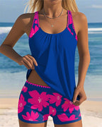 Women's U-Neck Sleeveless Loose Tankini Set Floral Boxer Shorts Beach Pool Vacation Resort Summer Active – Paradiso - Lolly 