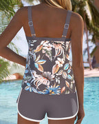 Women's U-Neck Sleeveless Printed Tankini Set Botanical Tropical Top Swim Shorts Beach Pool Vacation Resort Summer – Botanica - Lolly 