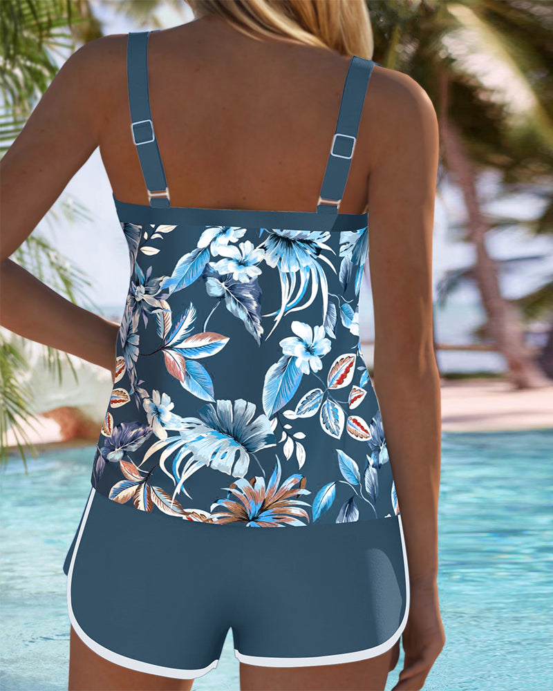 Women's U-Neck Sleeveless Printed Tankini Set Botanical Tropical Top Swim Shorts Beach Pool Vacation Resort Summer – Botanica - Lolly 