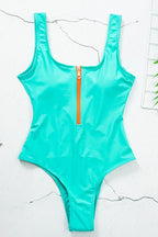 Women's V-Neck Hollow Zipper One-Piece Swimsuit Retro Delta Wing High Cut Sculpting Beach Summer Swimwear - Lolly 