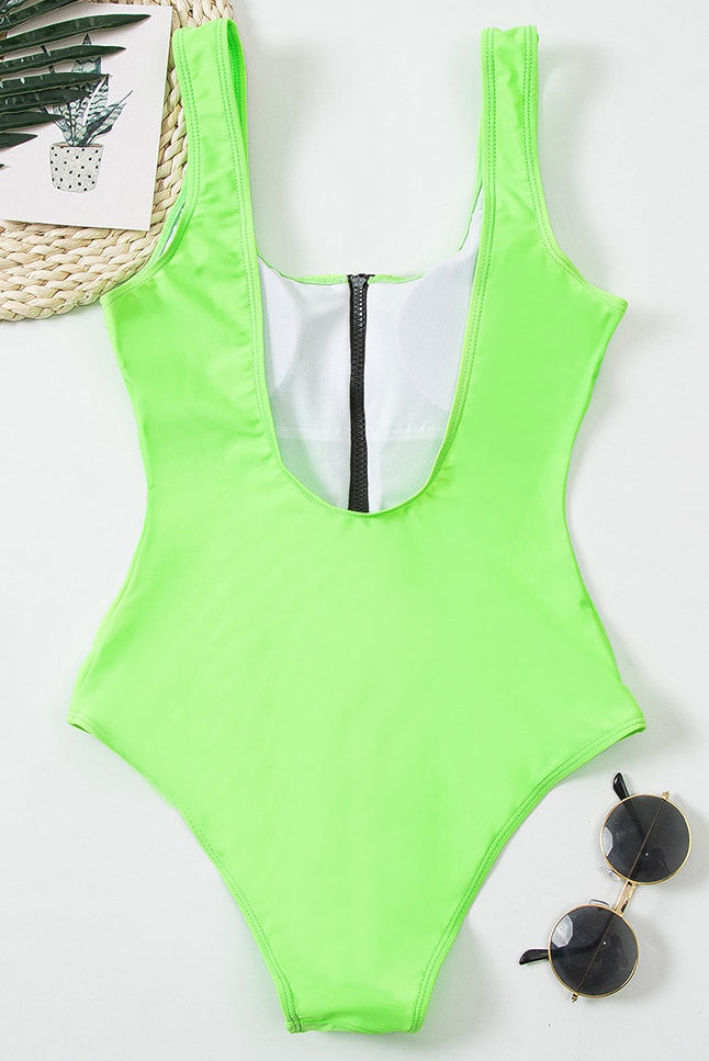 Women's V-Neck Hollow Zipper One-Piece Swimsuit Retro Delta Wing High Cut Sculpting Beach Summer Swimwear - Lolly 