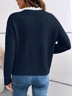 Women's V-Neck Knit Sweater Lace Collar Long Sleeve Casual Pullover - Lolly 