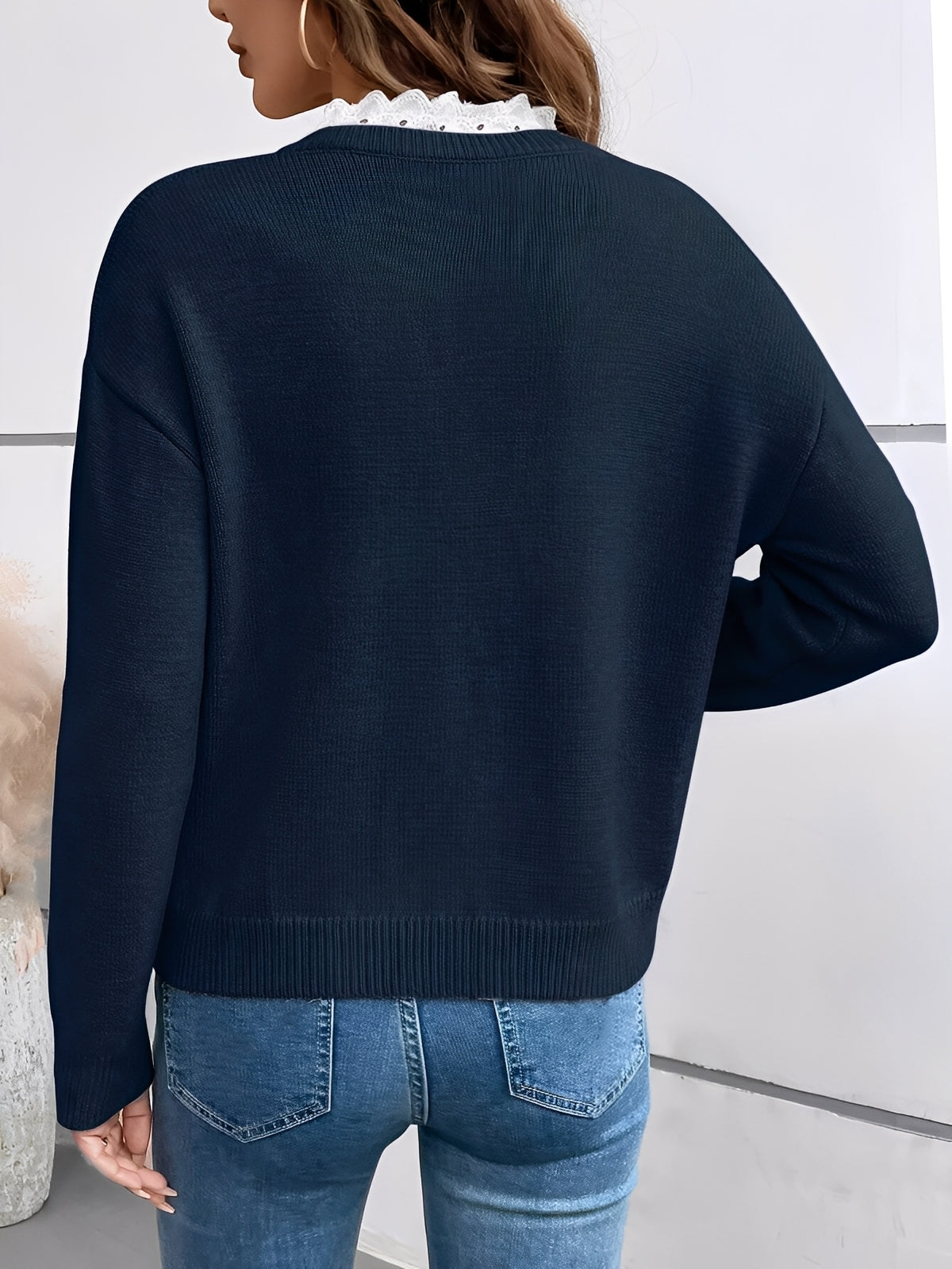 Women's V-Neck Knit Sweater Lace Collar Long Sleeve Casual Pullover - Lolly 