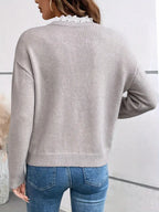 Women's V-Neck Knit Sweater Lace Collar Long Sleeve Casual Pullover - Lolly 