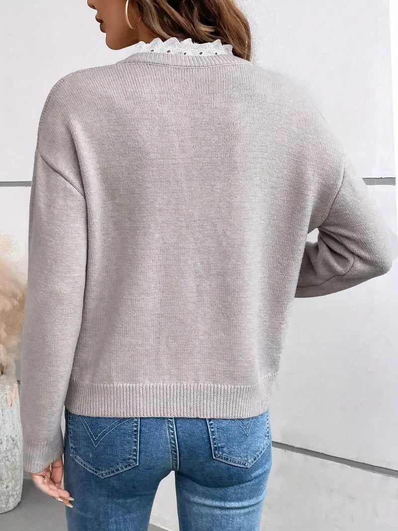Women's V-Neck Knit Sweater Lace Collar Long Sleeve Casual Pullover - Lolly 