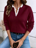 Women's V-Neck Knit Sweater Lace Collar Long Sleeve Casual Pullover - Lolly 