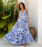 Women's V-Neck Lace-Up Floral Printed One-Piece Swimsuit & Long Skirt Set Tie Shoulder Beach Vacation Resort Pool Party Cruise Honeymoon – Blue & White - Lolly 