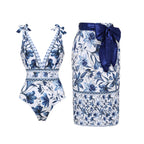 Women's V-Neck Lace-Up Floral Printed One-Piece Swimsuit & Long Skirt Set Tie Shoulder Beach Vacation Resort Pool Party Cruise Honeymoon – Blue & White - Lolly 