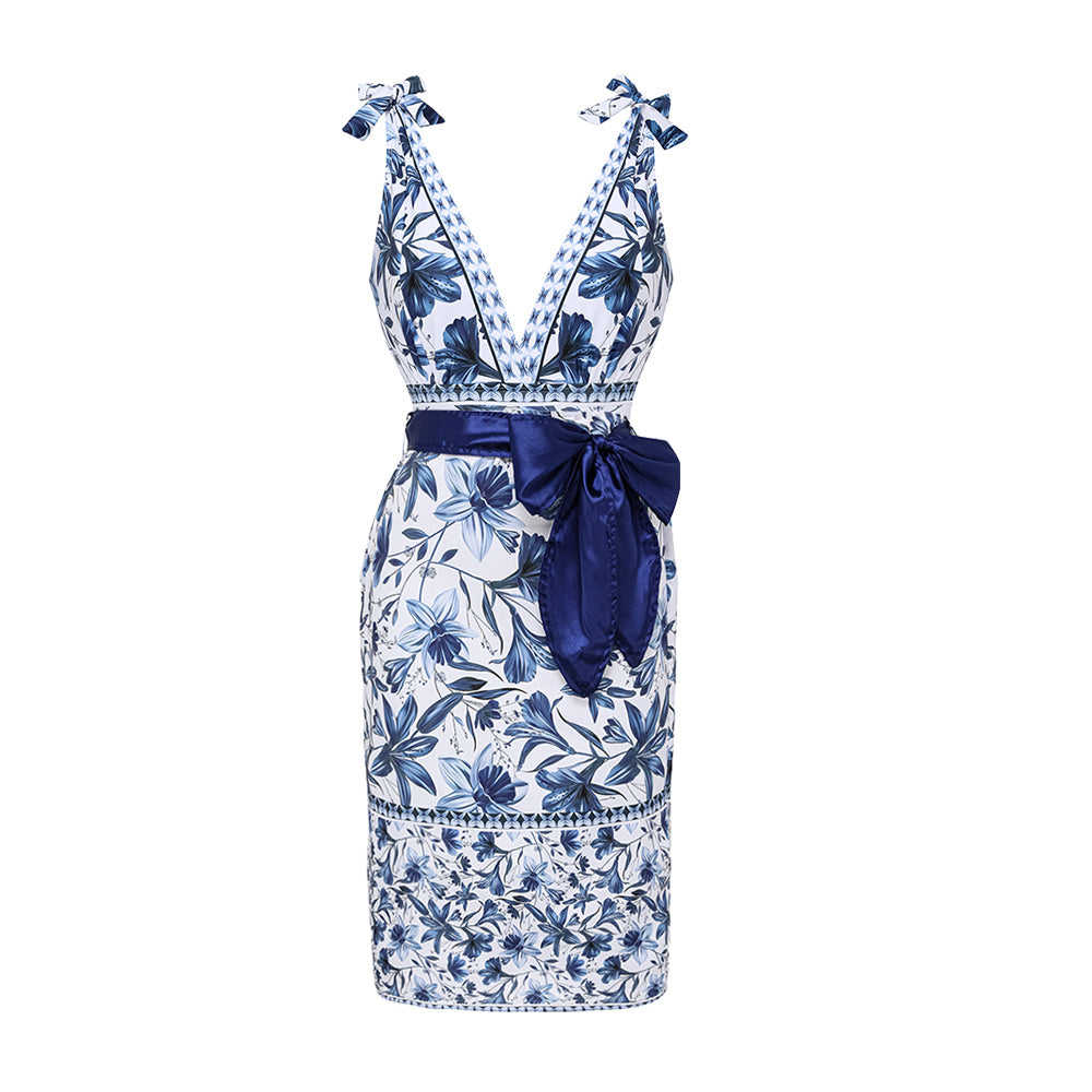 Women's V-Neck Lace-Up Floral Printed One-Piece Swimsuit & Long Skirt Set Tie Shoulder Beach Vacation Resort Pool Party Cruise Honeymoon – Blue & White - Lolly 