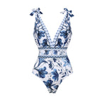 Women's V-Neck Lace-Up Floral Printed One-Piece Swimsuit & Long Skirt Set Tie Shoulder Beach Vacation Resort Pool Party Cruise Honeymoon – Blue & White - Lolly 