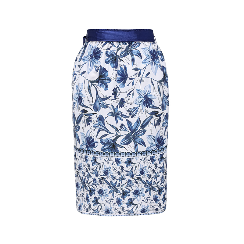 Women's V-Neck Lace-Up Floral Printed One-Piece Swimsuit & Long Skirt Set Tie Shoulder Beach Vacation Resort Pool Party Cruise Honeymoon – Blue & White - Lolly 