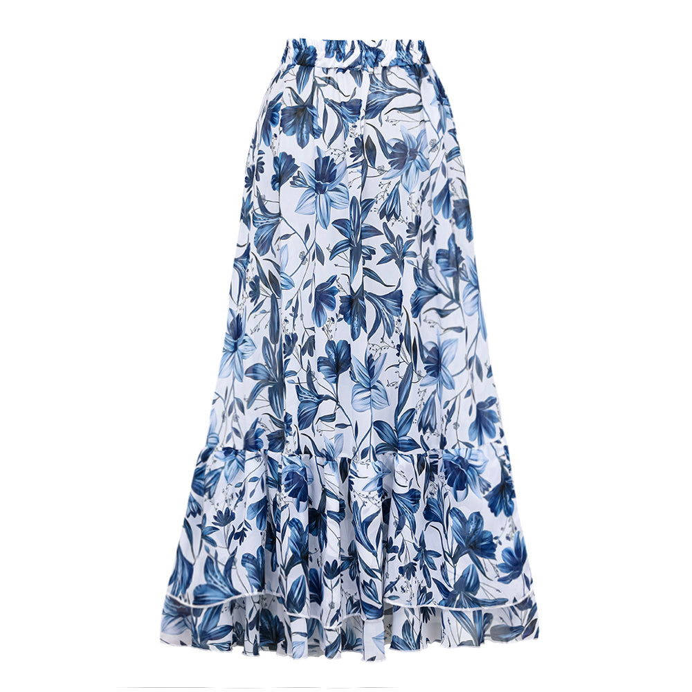 Women's V-Neck Lace-Up Floral Printed One-Piece Swimsuit & Long Skirt Set Tie Shoulder Beach Vacation Resort Pool Party Cruise Honeymoon – Blue & White - Lolly 